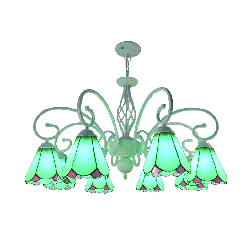 Arched Chandelier Lighting Fixture 5/6/8 Lights White/Blue Glass Tiffany Stylish Hanging Pendant for Bedroom 8 Blue Clearhalo 'Ceiling Lights' 'Chandeliers' 'Industrial' 'Middle Century Chandeliers' 'Tiffany Chandeliers' 'Tiffany close to ceiling' 'Tiffany' Lighting' 331475