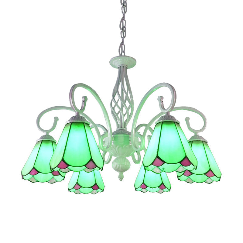 Arched Chandelier Lighting Fixture 5/6/8 Lights White/Blue Glass Tiffany Stylish Hanging Pendant for Bedroom 6 Blue Clearhalo 'Ceiling Lights' 'Chandeliers' 'Industrial' 'Middle Century Chandeliers' 'Tiffany Chandeliers' 'Tiffany close to ceiling' 'Tiffany' Lighting' 331476