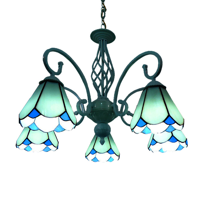 Arched Chandelier Lighting Fixture 5/6/8 Lights White/Blue Glass Tiffany Stylish Hanging Pendant for Bedroom 5 Blue Clearhalo 'Ceiling Lights' 'Chandeliers' 'Industrial' 'Middle Century Chandeliers' 'Tiffany Chandeliers' 'Tiffany close to ceiling' 'Tiffany' Lighting' 331477