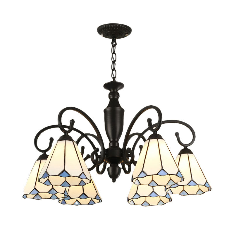 6 Lights Conical/Domed Chandelier Pendant Light Baroque White/Sky Blue/Dark Blue Glass Suspension Lighting for Bedroom Clearhalo 'Ceiling Lights' 'Chandeliers' 'Industrial' 'Middle Century Chandeliers' 'Tiffany Chandeliers' 'Tiffany close to ceiling' 'Tiffany' Lighting' 331492