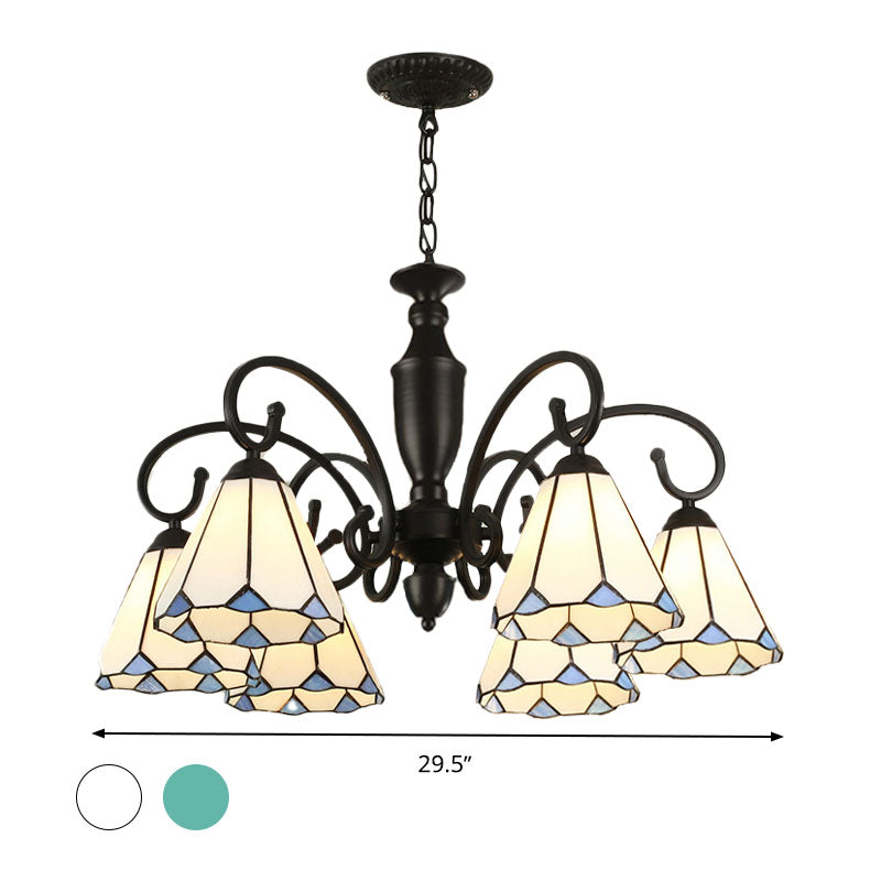 6 Lights Conical/Domed Chandelier Pendant Light Baroque White/Sky Blue/Dark Blue Glass Suspension Lighting for Bedroom Clearhalo 'Ceiling Lights' 'Chandeliers' 'Industrial' 'Middle Century Chandeliers' 'Tiffany Chandeliers' 'Tiffany close to ceiling' 'Tiffany' Lighting' 331493