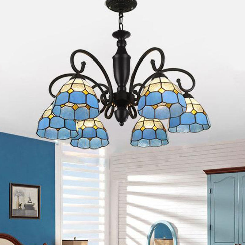 6 Lights Conical/Domed Chandelier Pendant Light Baroque White/Sky Blue/Dark Blue Glass Suspension Lighting for Bedroom Dark Blue Clearhalo 'Ceiling Lights' 'Chandeliers' 'Industrial' 'Middle Century Chandeliers' 'Tiffany Chandeliers' 'Tiffany close to ceiling' 'Tiffany' Lighting' 331497