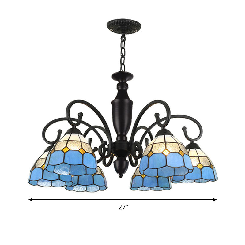 6 Lights Conical/Domed Chandelier Pendant Light Baroque White/Sky Blue/Dark Blue Glass Suspension Lighting for Bedroom Clearhalo 'Ceiling Lights' 'Chandeliers' 'Industrial' 'Middle Century Chandeliers' 'Tiffany Chandeliers' 'Tiffany close to ceiling' 'Tiffany' Lighting' 331499