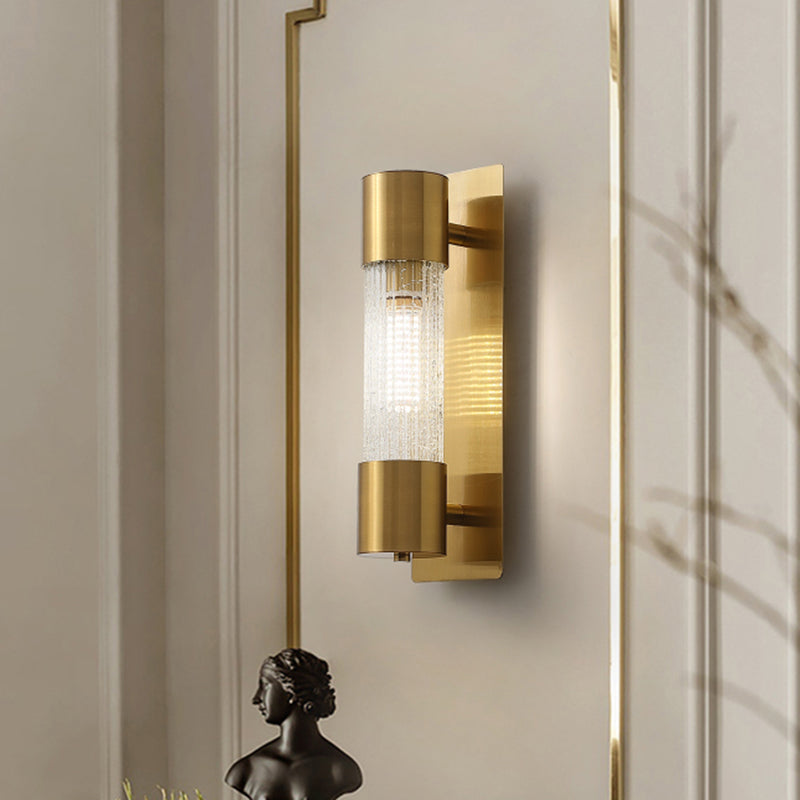 1 Bulb Cylindrical Wall Lighting Minimalism Gold Crackle Glass Wall Sconce Light, 15"/19.5" High Clearhalo 'Wall Lamps & Sconces' 'Wall Lights' Lighting' 331501