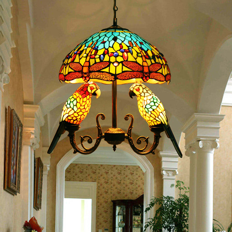 5 Lights Pendant Chandelier Mediterranean Petal Stained Glass Hanging Light Fixture in Yellow with Parrot Deco Yellow Clearhalo 'Ceiling Lights' 'Chandeliers' 'Industrial' 'Middle Century Chandeliers' 'Tiffany Chandeliers' 'Tiffany close to ceiling' 'Tiffany' Lighting' 331512
