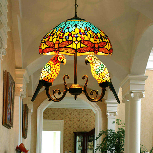 5 Lights Pendant Chandelier Mediterranean Petal Stained Glass Hanging Light Fixture in Yellow with Parrot Deco Yellow Clearhalo 'Ceiling Lights' 'Chandeliers' 'Industrial' 'Middle Century Chandeliers' 'Tiffany Chandeliers' 'Tiffany close to ceiling' 'Tiffany' Lighting' 331512