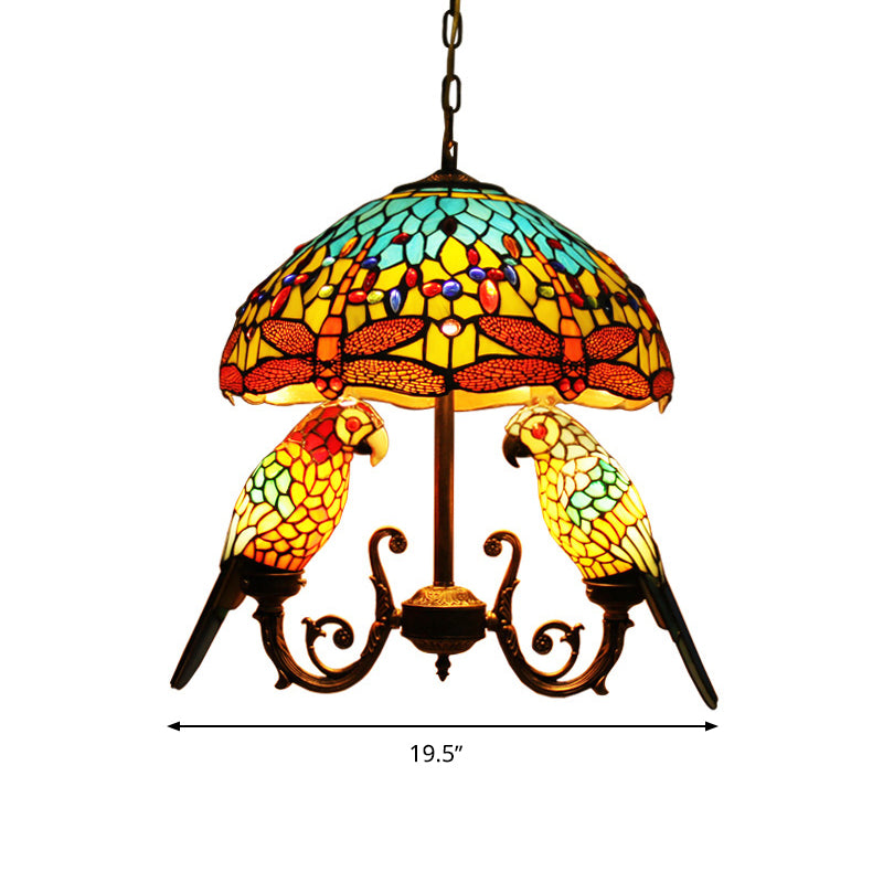 5 Lights Pendant Chandelier Mediterranean Petal Stained Glass Hanging Light Fixture in Yellow with Parrot Deco Clearhalo 'Ceiling Lights' 'Chandeliers' 'Industrial' 'Middle Century Chandeliers' 'Tiffany Chandeliers' 'Tiffany close to ceiling' 'Tiffany' Lighting' 331514