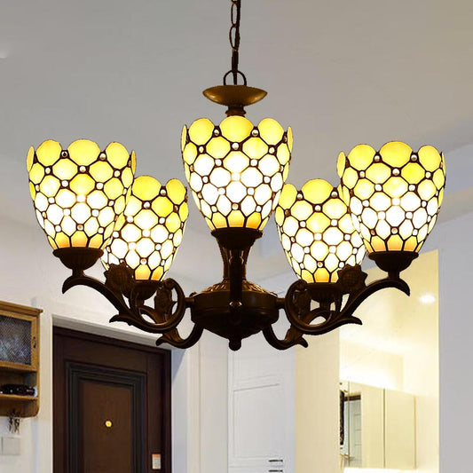 Tiffany Jeweled Chandelier Light Fixture 5 Lights Beige Glass Suspension Lamp in Black Clearhalo 'Ceiling Lights' 'Chandeliers' 'Industrial' 'Middle Century Chandeliers' 'Tiffany Chandeliers' 'Tiffany close to ceiling' 'Tiffany' Lighting' 331542