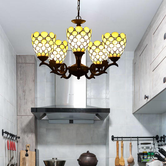 Tiffany Jeweled Chandelier Light Fixture 5 Lights Beige Glass Suspension Lamp in Black Clearhalo 'Ceiling Lights' 'Chandeliers' 'Industrial' 'Middle Century Chandeliers' 'Tiffany Chandeliers' 'Tiffany close to ceiling' 'Tiffany' Lighting' 331543
