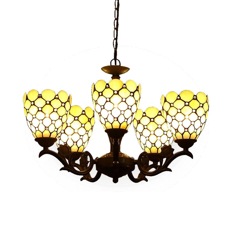Tiffany Jeweled Chandelier Light Fixture 5 Lights Beige Glass Suspension Lamp in Black Clearhalo 'Ceiling Lights' 'Chandeliers' 'Industrial' 'Middle Century Chandeliers' 'Tiffany Chandeliers' 'Tiffany close to ceiling' 'Tiffany' Lighting' 331544
