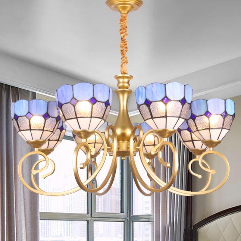 Bowl Chandelier Lighting Baroque Stained Art Glass 8 Lights Gold Down Lighting Pendant Clearhalo 'Ceiling Lights' 'Chandeliers' 'Industrial' 'Middle Century Chandeliers' 'Tiffany Chandeliers' 'Tiffany close to ceiling' 'Tiffany' Lighting' 331557