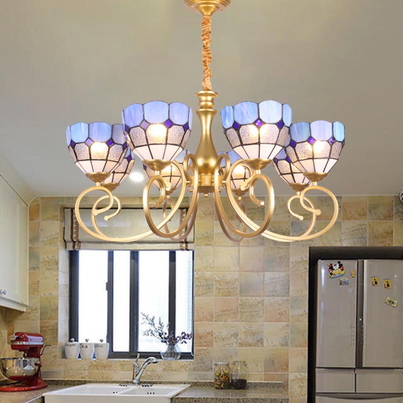 Bowl Chandelier Lighting Baroque Stained Art Glass 8 Lights Gold Down Lighting Pendant Clearhalo 'Ceiling Lights' 'Chandeliers' 'Industrial' 'Middle Century Chandeliers' 'Tiffany Chandeliers' 'Tiffany close to ceiling' 'Tiffany' Lighting' 331558
