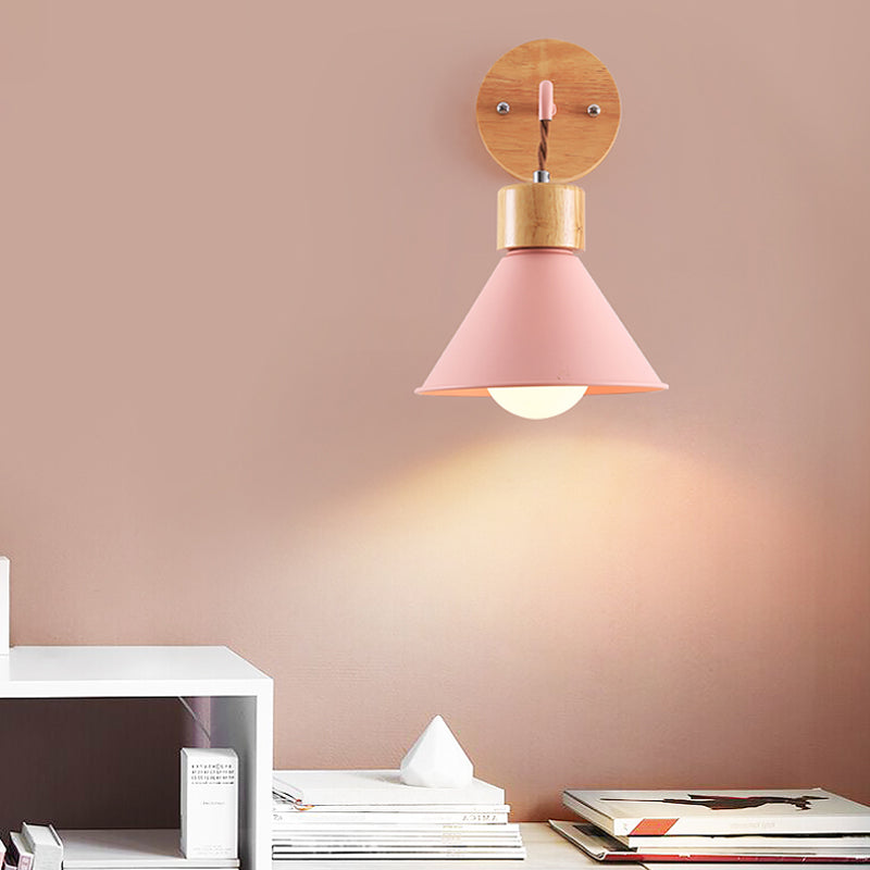 Cone Shade Metallic Wall Sconce Nordic Stylish 1 Light Blue/Pink/White Wall Mount Light with Wooden Cap Clearhalo 'Art deco wall lights' 'Cast Iron' 'Glass' 'Industrial wall lights' 'Industrial' 'Middle century wall lights' 'Modern' 'Rustic wall lights' 'Tiffany' 'Traditional wall lights' 'Wall Lamps & Sconces' 'Wall Lights' Lighting' 331586