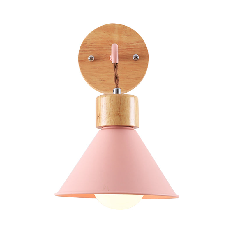 Cone Shade Metallic Wall Sconce Nordic Stylish 1 Light Blue/Pink/White Wall Mount Light with Wooden Cap Clearhalo 'Art deco wall lights' 'Cast Iron' 'Glass' 'Industrial wall lights' 'Industrial' 'Middle century wall lights' 'Modern' 'Rustic wall lights' 'Tiffany' 'Traditional wall lights' 'Wall Lamps & Sconces' 'Wall Lights' Lighting' 331587