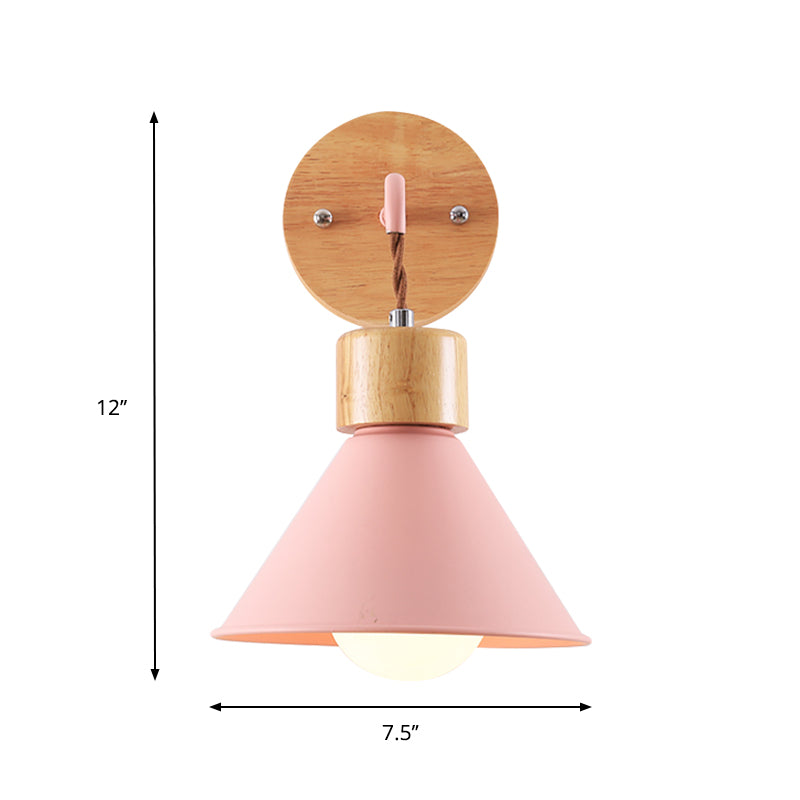 Cone Shade Metallic Wall Sconce Nordic Stylish 1 Light Blue/Pink/White Wall Mount Light with Wooden Cap Clearhalo 'Art deco wall lights' 'Cast Iron' 'Glass' 'Industrial wall lights' 'Industrial' 'Middle century wall lights' 'Modern' 'Rustic wall lights' 'Tiffany' 'Traditional wall lights' 'Wall Lamps & Sconces' 'Wall Lights' Lighting' 331588