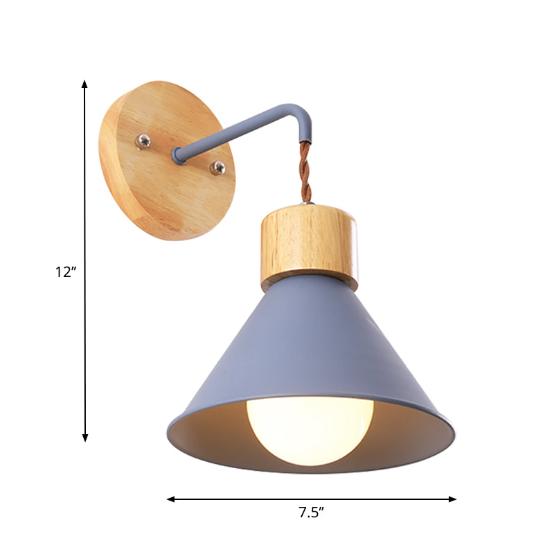 Cone Shade Metallic Wall Sconce Nordic Stylish 1 Light Blue/Pink/White Wall Mount Light with Wooden Cap Clearhalo 'Art deco wall lights' 'Cast Iron' 'Glass' 'Industrial wall lights' 'Industrial' 'Middle century wall lights' 'Modern' 'Rustic wall lights' 'Tiffany' 'Traditional wall lights' 'Wall Lamps & Sconces' 'Wall Lights' Lighting' 331592
