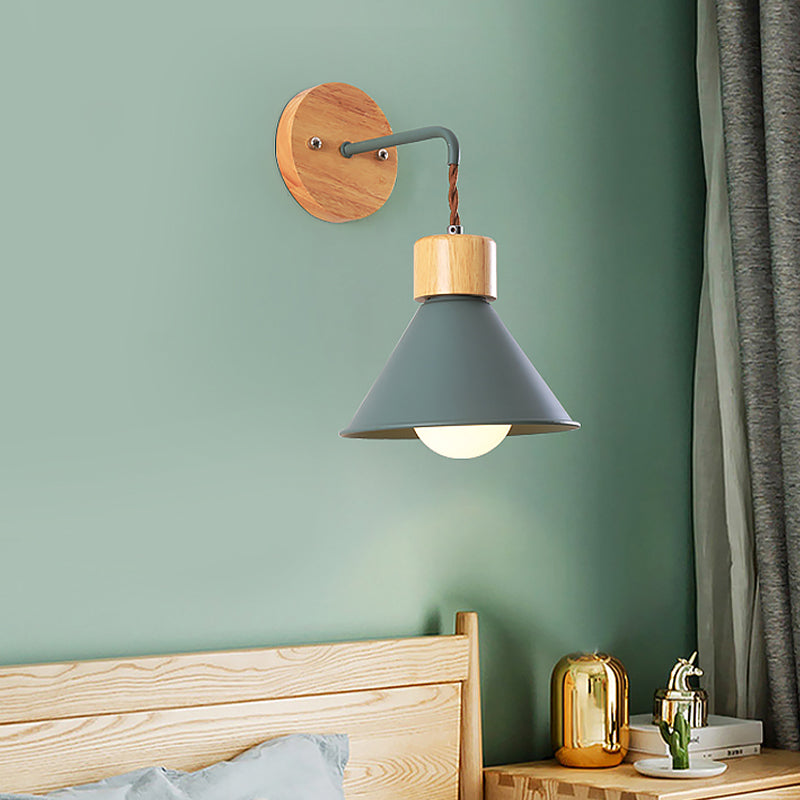 Cone Shade Metallic Wall Sconce Nordic Stylish 1 Light Blue/Pink/White Wall Mount Light with Wooden Cap Clearhalo 'Art deco wall lights' 'Cast Iron' 'Glass' 'Industrial wall lights' 'Industrial' 'Middle century wall lights' 'Modern' 'Rustic wall lights' 'Tiffany' 'Traditional wall lights' 'Wall Lamps & Sconces' 'Wall Lights' Lighting' 331594