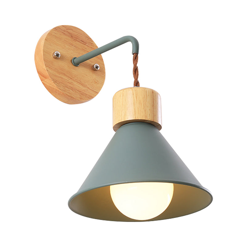 Cone Shade Metallic Wall Sconce Nordic Stylish 1 Light Blue/Pink/White Wall Mount Light with Wooden Cap Clearhalo 'Art deco wall lights' 'Cast Iron' 'Glass' 'Industrial wall lights' 'Industrial' 'Middle century wall lights' 'Modern' 'Rustic wall lights' 'Tiffany' 'Traditional wall lights' 'Wall Lamps & Sconces' 'Wall Lights' Lighting' 331595