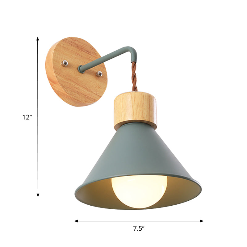 Cone Shade Metallic Wall Sconce Nordic Stylish 1 Light Blue/Pink/White Wall Mount Light with Wooden Cap Clearhalo 'Art deco wall lights' 'Cast Iron' 'Glass' 'Industrial wall lights' 'Industrial' 'Middle century wall lights' 'Modern' 'Rustic wall lights' 'Tiffany' 'Traditional wall lights' 'Wall Lamps & Sconces' 'Wall Lights' Lighting' 331596