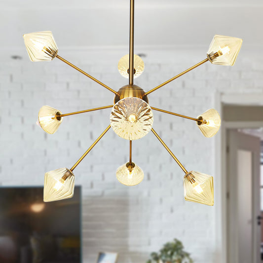 Clear/Amber Glass Diamond Hanging Chandelier Modernist 9 Bulbs LED Pendant Lamp in God with Sputnik Design Amber Clearhalo 'Ceiling Lights' 'Chandeliers' 'Clear' 'Glass shade' 'Glass' 'Industrial' 'Modern Chandeliers' 'Modern' 'Tiffany' 'Traditional Chandeliers' Lighting' 331597