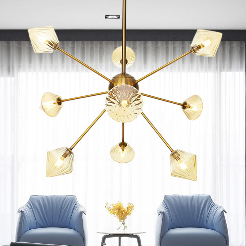 Clear/Amber Glass Diamond Hanging Chandelier Modernist 9 Bulbs LED Pendant Lamp in God with Sputnik Design Clearhalo 'Ceiling Lights' 'Chandeliers' 'Clear' 'Glass shade' 'Glass' 'Industrial' 'Modern Chandeliers' 'Modern' 'Tiffany' 'Traditional Chandeliers' Lighting' 331598