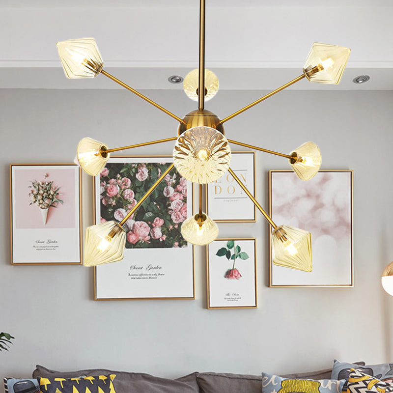 Clear/Amber Glass Diamond Hanging Chandelier Modernist 9 Bulbs LED Pendant Lamp in God with Sputnik Design Clearhalo 'Ceiling Lights' 'Chandeliers' 'Clear' 'Glass shade' 'Glass' 'Industrial' 'Modern Chandeliers' 'Modern' 'Tiffany' 'Traditional Chandeliers' Lighting' 331599