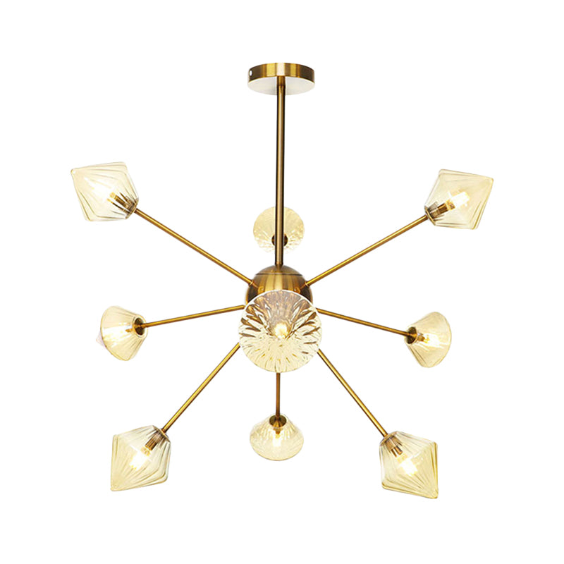 Clear/Amber Glass Diamond Hanging Chandelier Modernist 9 Bulbs LED Pendant Lamp in God with Sputnik Design Clearhalo 'Ceiling Lights' 'Chandeliers' 'Clear' 'Glass shade' 'Glass' 'Industrial' 'Modern Chandeliers' 'Modern' 'Tiffany' 'Traditional Chandeliers' Lighting' 331600