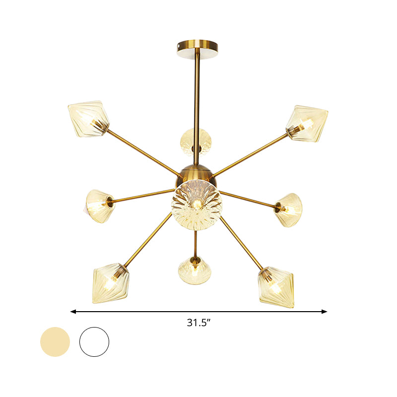 Clear/Amber Glass Diamond Hanging Chandelier Modernist 9 Bulbs LED Pendant Lamp in God with Sputnik Design Clearhalo 'Ceiling Lights' 'Chandeliers' 'Clear' 'Glass shade' 'Glass' 'Industrial' 'Modern Chandeliers' 'Modern' 'Tiffany' 'Traditional Chandeliers' Lighting' 331601