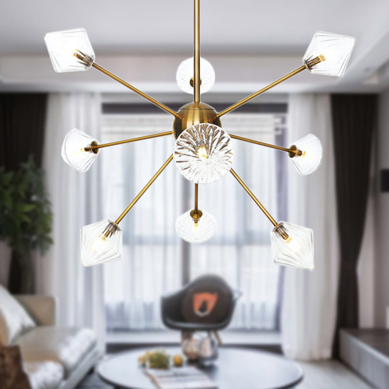 Clear/Amber Glass Diamond Hanging Chandelier Modernist 9 Bulbs LED Pendant Lamp in God with Sputnik Design Clearhalo 'Ceiling Lights' 'Chandeliers' 'Clear' 'Glass shade' 'Glass' 'Industrial' 'Modern Chandeliers' 'Modern' 'Tiffany' 'Traditional Chandeliers' Lighting' 331603