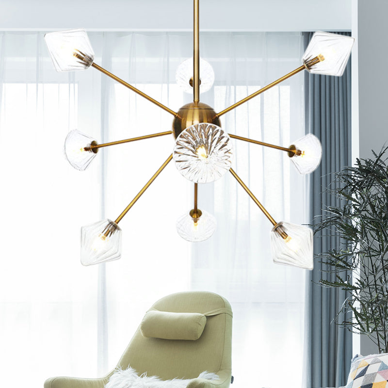 Clear/Amber Glass Diamond Hanging Chandelier Modernist 9 Bulbs LED Pendant Lamp in God with Sputnik Design Clearhalo 'Ceiling Lights' 'Chandeliers' 'Clear' 'Glass shade' 'Glass' 'Industrial' 'Modern Chandeliers' 'Modern' 'Tiffany' 'Traditional Chandeliers' Lighting' 331604