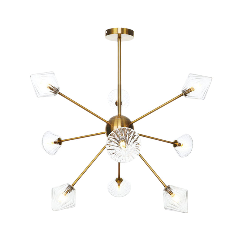 Clear/Amber Glass Diamond Hanging Chandelier Modernist 9 Bulbs LED Pendant Lamp in God with Sputnik Design Clearhalo 'Ceiling Lights' 'Chandeliers' 'Clear' 'Glass shade' 'Glass' 'Industrial' 'Modern Chandeliers' 'Modern' 'Tiffany' 'Traditional Chandeliers' Lighting' 331605
