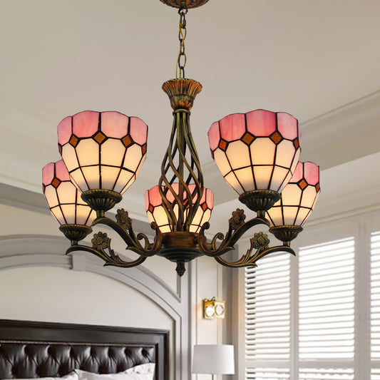 Domed Hanging Chandelier 5 Lights Stained Glass Tiffany Style Ceiling Pendant in Pink Pink Clearhalo 'Ceiling Lights' 'Chandeliers' 'Industrial' 'Middle Century Chandeliers' 'Tiffany Chandeliers' 'Tiffany close to ceiling' 'Tiffany' Lighting' 331622