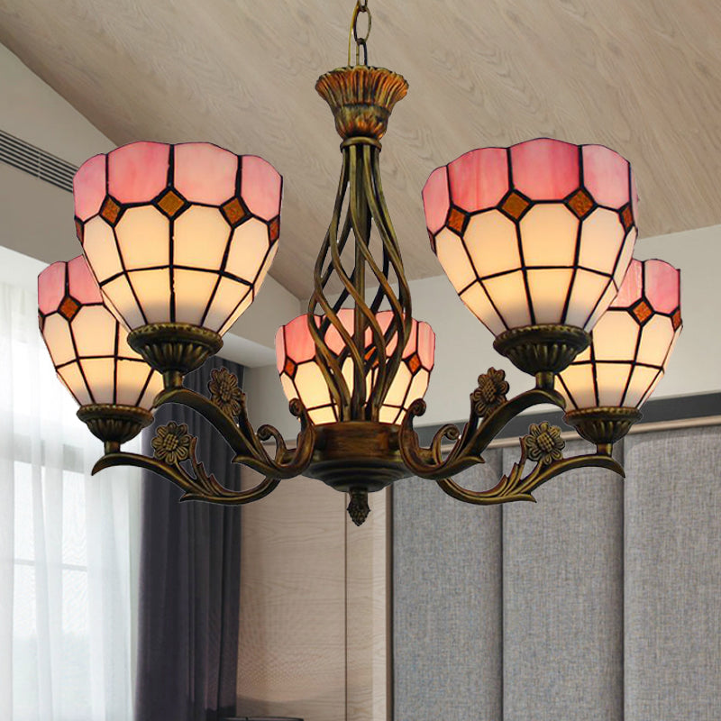 Domed Hanging Chandelier 5 Lights Stained Glass Tiffany Style Ceiling Pendant in Pink Clearhalo 'Ceiling Lights' 'Chandeliers' 'Industrial' 'Middle Century Chandeliers' 'Tiffany Chandeliers' 'Tiffany close to ceiling' 'Tiffany' Lighting' 331623