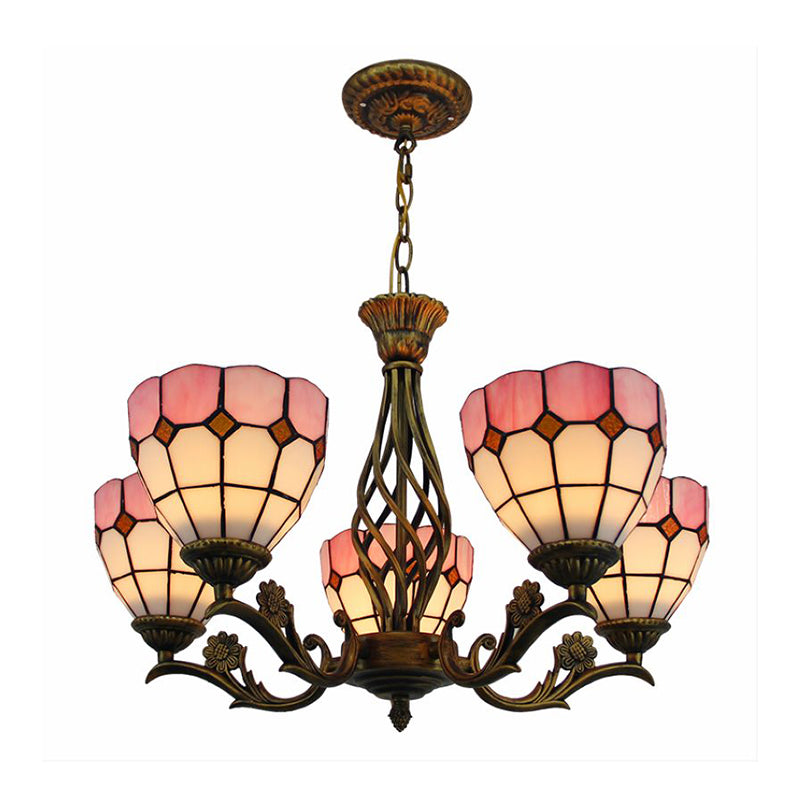 Domed Hanging Chandelier 5 Lights Stained Glass Tiffany Style Ceiling Pendant in Pink Clearhalo 'Ceiling Lights' 'Chandeliers' 'Industrial' 'Middle Century Chandeliers' 'Tiffany Chandeliers' 'Tiffany close to ceiling' 'Tiffany' Lighting' 331625