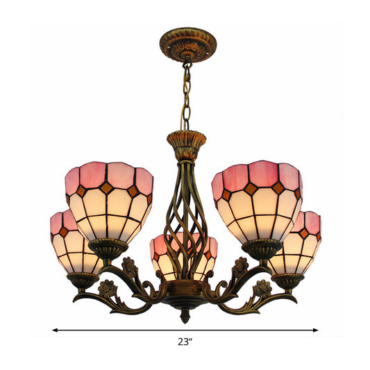 Domed Hanging Chandelier 5 Lights Stained Glass Tiffany Style Ceiling Pendant in Pink Clearhalo 'Ceiling Lights' 'Chandeliers' 'Industrial' 'Middle Century Chandeliers' 'Tiffany Chandeliers' 'Tiffany close to ceiling' 'Tiffany' Lighting' 331626