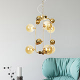Global Living Room Hanging Lighting Amber/Smoke Gray Glass 10 Lights Contemporary LED Ceiling Chandelier Clearhalo 'Ceiling Lights' 'Chandeliers' 'Glass shade' 'Glass' 'Modern Chandeliers' 'Modern' Lighting' 331649