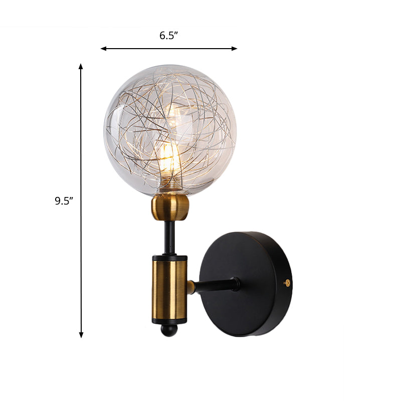 1/2-Light Bedroom Sconce Wall Light Industrial Style Black/Brass Finish Wall Lamp with Orbit Clear Glass Shade Clearhalo 'Art deco wall lights' 'Cast Iron' 'Glass' 'Industrial wall lights' 'Industrial' 'Middle century wall lights' 'Modern' 'Rustic wall lights' 'Tiffany' 'Traditional wall lights' 'Wall Lamps & Sconces' 'Wall Lights' Lighting' 331674