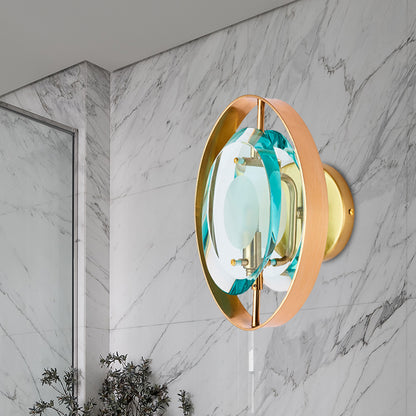 Green Crystal Gold Wall Lamp Elliptical Single Head Vintage Wall Sconce Light with Circular Backplate Gold Clearhalo 'Wall Lamps & Sconces' 'Wall Lights' Lighting' 331699