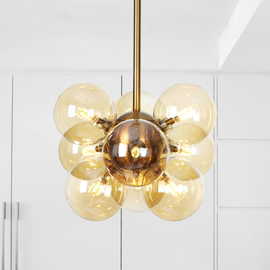 Ball LED Chandelier Pendant Lighting Modern Textured White/Amber Glass 9 Heads Dining Room Hanging Ceiling Lamp Amber Clearhalo 'Ceiling Lights' 'Chandeliers' 'Glass shade' 'Glass' 'Modern Chandeliers' 'Modern' Lighting' 331704