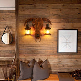 Brown Bull Shaped Sconce Wall Lighting Retro Style 2 Bulbs Wood and Metal Wall Lamp with Lantern Shade Clearhalo 'Art deco wall lights' 'Cast Iron' 'Glass' 'Industrial wall lights' 'Industrial' 'Middle century wall lights' 'Modern' 'Rustic wall lights' 'Tiffany' 'Traditional wall lights' 'Wall Lamps & Sconces' 'Wall Lights' Lighting' 331725