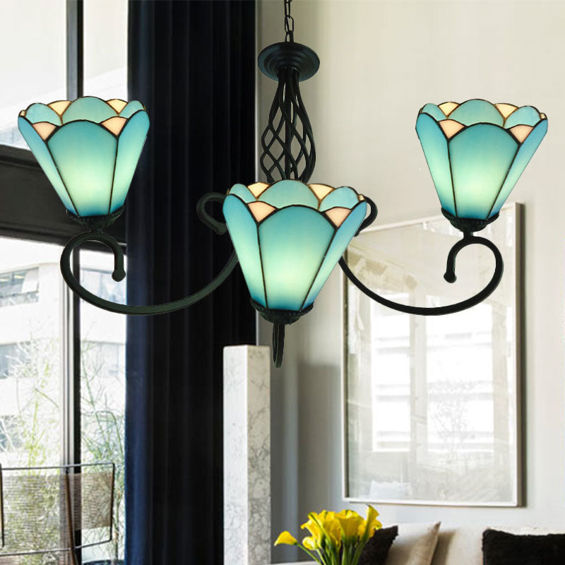 Black Cone Chandelier Lamp Baroque 5/6/8 Lights White/Blue Glass Drop Pendant for Living Room Clearhalo 'Ceiling Lights' 'Chandeliers' 'Industrial' 'Middle Century Chandeliers' 'Tiffany Chandeliers' 'Tiffany close to ceiling' 'Tiffany' Lighting' 331729