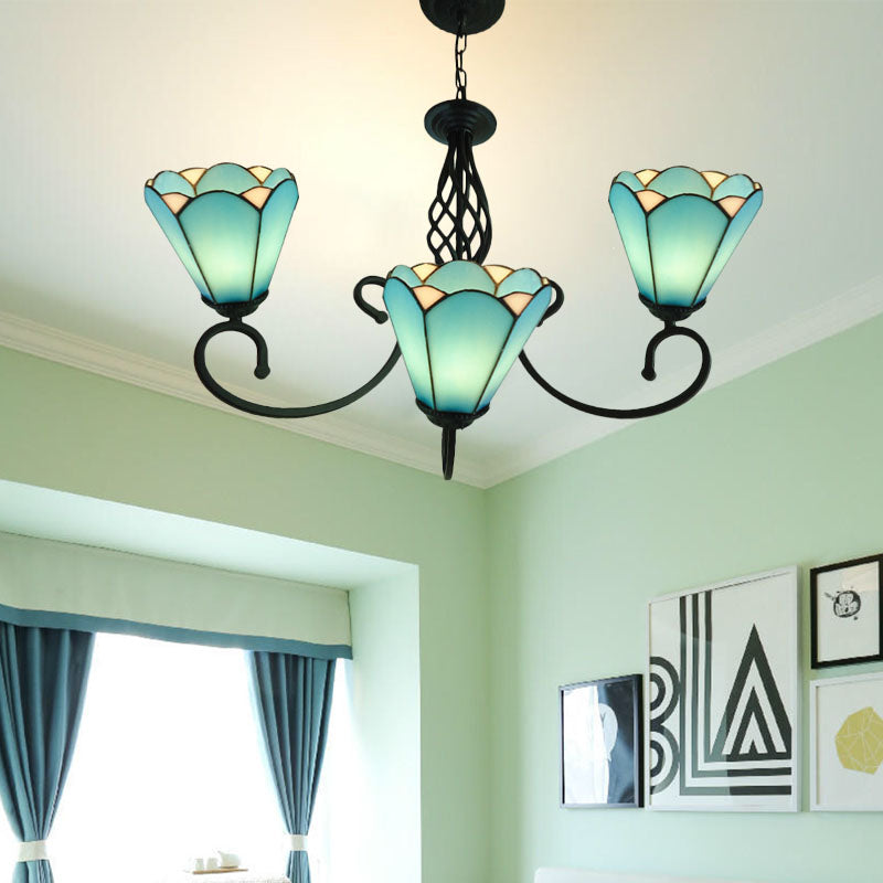 Black Cone Chandelier Lamp Baroque 5/6/8 Lights White/Blue Glass Drop Pendant for Living Room Clearhalo 'Ceiling Lights' 'Chandeliers' 'Industrial' 'Middle Century Chandeliers' 'Tiffany Chandeliers' 'Tiffany close to ceiling' 'Tiffany' Lighting' 331730