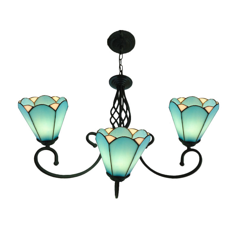 Black Cone Chandelier Lamp Baroque 5/6/8 Lights White/Blue Glass Drop Pendant for Living Room Clearhalo 'Ceiling Lights' 'Chandeliers' 'Industrial' 'Middle Century Chandeliers' 'Tiffany Chandeliers' 'Tiffany close to ceiling' 'Tiffany' Lighting' 331731