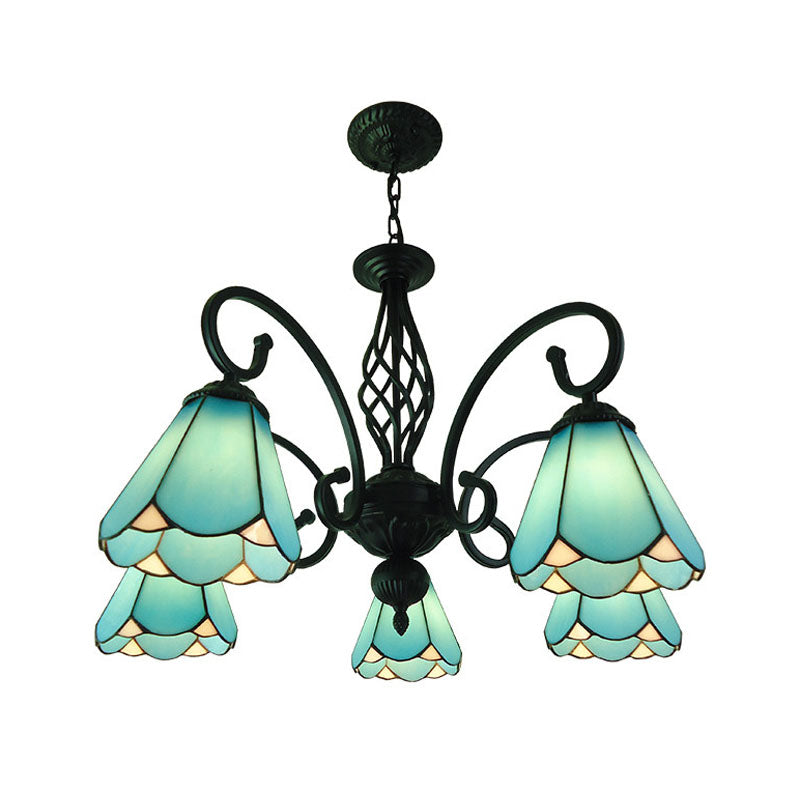 Black Cone Chandelier Lamp Baroque 5/6/8 Lights White/Blue Glass Drop Pendant for Living Room 5 Blue Clearhalo 'Ceiling Lights' 'Chandeliers' 'Industrial' 'Middle Century Chandeliers' 'Tiffany Chandeliers' 'Tiffany close to ceiling' 'Tiffany' Lighting' 331733