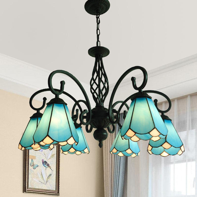 Black Cone Chandelier Lamp Baroque 5/6/8 Lights White/Blue Glass Drop Pendant for Living Room 6 Blue Clearhalo 'Ceiling Lights' 'Chandeliers' 'Industrial' 'Middle Century Chandeliers' 'Tiffany Chandeliers' 'Tiffany close to ceiling' 'Tiffany' Lighting' 331735
