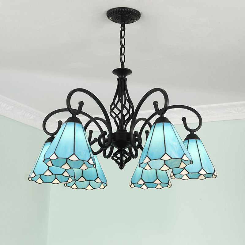 Black Cone Chandelier Lamp Baroque 5/6/8 Lights White/Blue Glass Drop Pendant for Living Room Clearhalo 'Ceiling Lights' 'Chandeliers' 'Industrial' 'Middle Century Chandeliers' 'Tiffany Chandeliers' 'Tiffany close to ceiling' 'Tiffany' Lighting' 331736