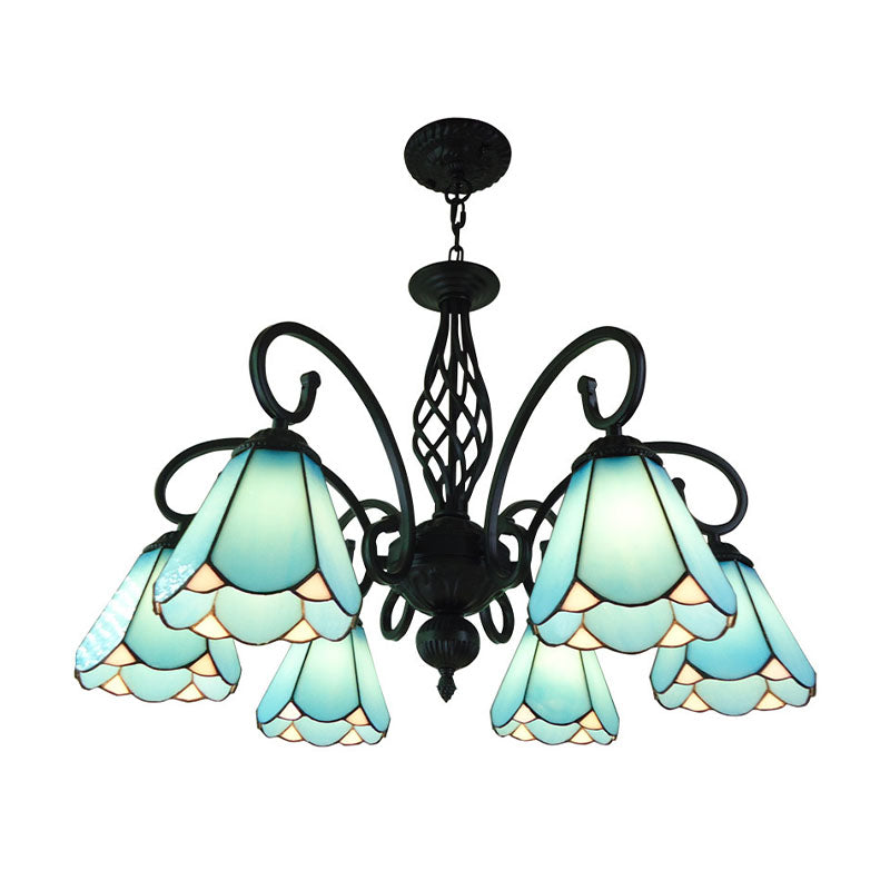 Black Cone Chandelier Lamp Baroque 5/6/8 Lights White/Blue Glass Drop Pendant for Living Room Clearhalo 'Ceiling Lights' 'Chandeliers' 'Industrial' 'Middle Century Chandeliers' 'Tiffany Chandeliers' 'Tiffany close to ceiling' 'Tiffany' Lighting' 331737
