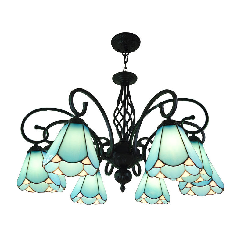 Black Cone Chandelier Lamp Baroque 5/6/8 Lights White/Blue Glass Drop Pendant for Living Room 8 Blue Clearhalo 'Ceiling Lights' 'Chandeliers' 'Industrial' 'Middle Century Chandeliers' 'Tiffany Chandeliers' 'Tiffany close to ceiling' 'Tiffany' Lighting' 331739