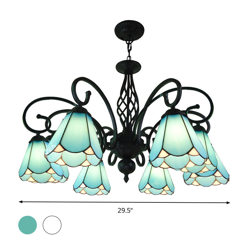 Black Cone Chandelier Lamp Baroque 5/6/8 Lights White/Blue Glass Drop Pendant for Living Room Clearhalo 'Ceiling Lights' 'Chandeliers' 'Industrial' 'Middle Century Chandeliers' 'Tiffany Chandeliers' 'Tiffany close to ceiling' 'Tiffany' Lighting' 331740