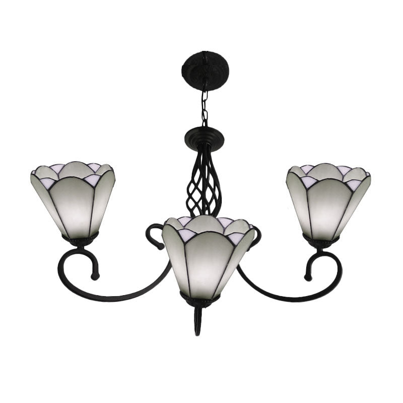 Black Cone Chandelier Lamp Baroque 5/6/8 Lights White/Blue Glass Drop Pendant for Living Room 3 White Clearhalo 'Ceiling Lights' 'Chandeliers' 'Industrial' 'Middle Century Chandeliers' 'Tiffany Chandeliers' 'Tiffany close to ceiling' 'Tiffany' Lighting' 331741